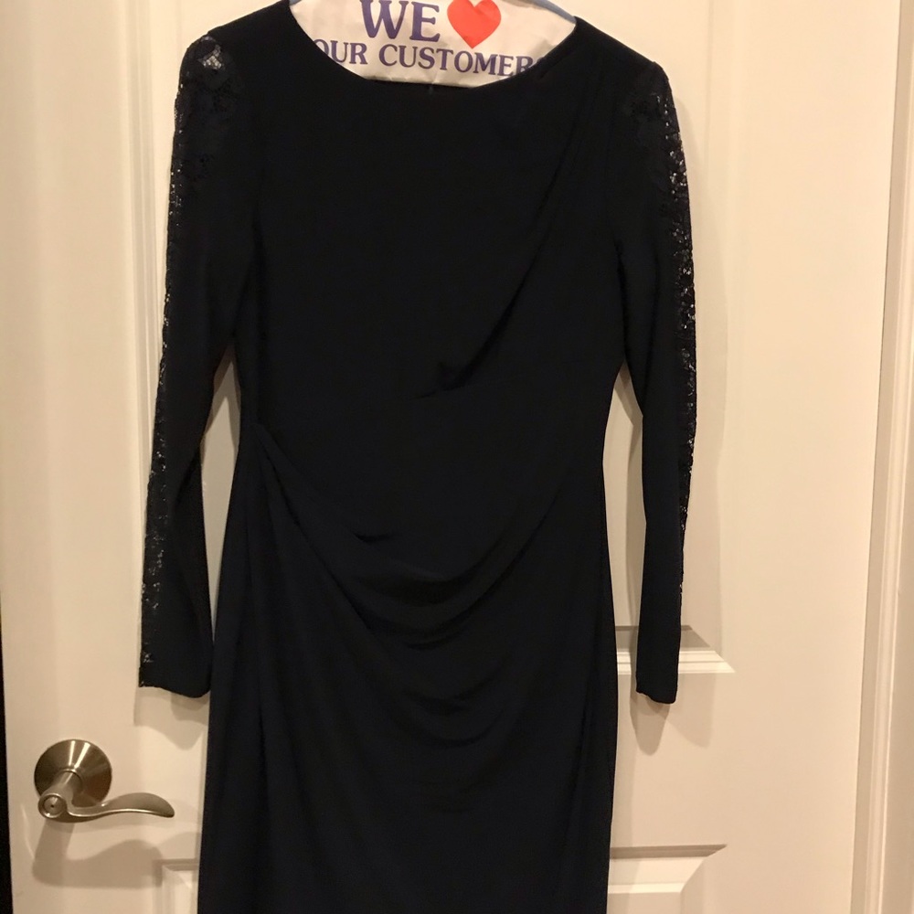 A navy blue Ralph Lauren dress with lace sleeves